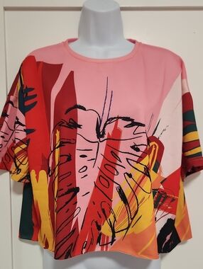 Pink Abstract Floral Print Boxy Short-Sleeve Tee